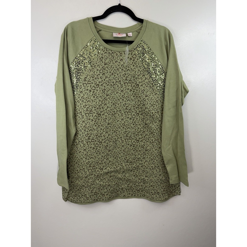 NWOT Quacker Factory‎ Long Sleeved Olive Animal Print W Sequin Detailing Size L